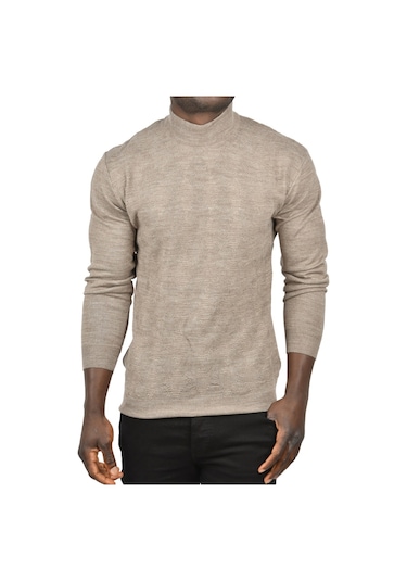 Deepsea Erkek Vizon Dar Kesim Baklava Desenli Yarım Boğazlı Yaka Triko Yarım Balıkçı Yaka Kazak 2505506 Vizon