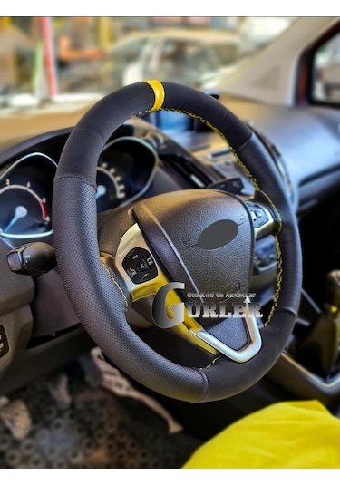 Seat Leon Alkantra Karbon Sarı Yüzüklü Dikmeli Direksiyon Kılıfı