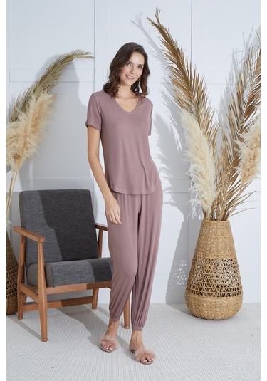 Kadın Kısa Kol Vizon Pijama Takım C0t1n951 001