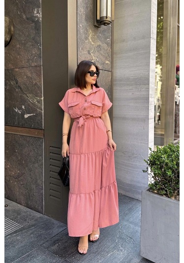Gül Kurusu Kısa Kol, Airobin Kumaş, Yarım Patlı, Kuşaklı, Eteği Pliseli, Cepli Maxi Uzun Elbise Pembe
