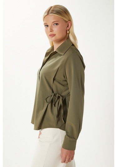 Kadın Adrian Yan Bağlama Detaylı Haki Gömlek Haki