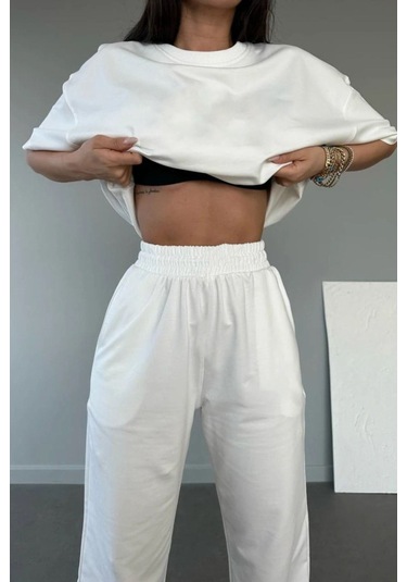 Basic T-shirt Eşofman Altı Jogger - Beyaz Düz Alt Üst Eşofman Takımı Oversize Bisiklet Yaka Beyaz