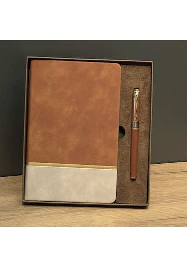 Taba Rengi Gold Detaylı Termo Deri Defter Ve Metal Roller Kalem H