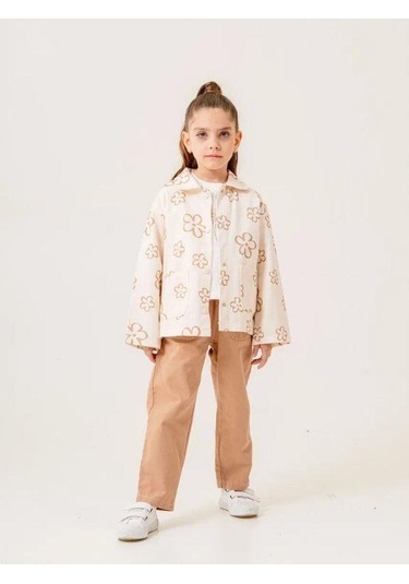 Kız Çocuk Çiçek Desenli Ceket Tshirt Pantolonlu Takım-15508 Bej
