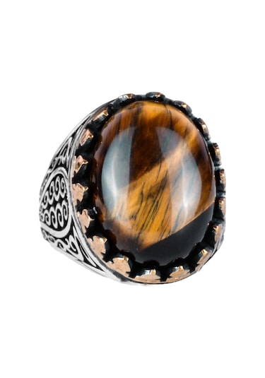 925 Ayar Katı Gümüş Erkek Yüzük - Doğal Taşlarla El Yapımı Şıklık Kaplan Göz Taşı Gümüş