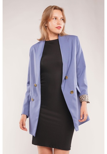 Gabria Kolları Leopar Desenli Kadın Ceket Mavi