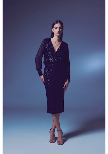Sateen Payet Detaylı Kalem Etek - Lacivert-134245 Lacivert