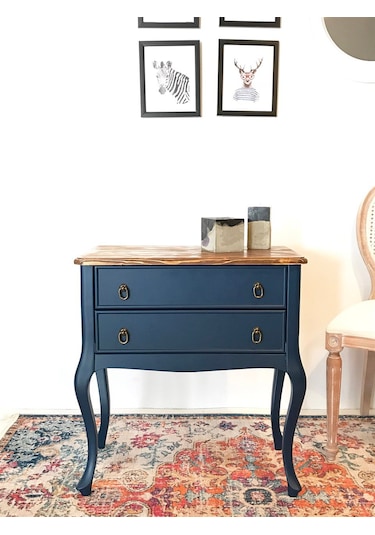 Wooding Masif 2 Çekmeceli Lacivert Ceviz Komodin - Mini Konsol