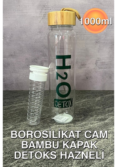 H2o  Bambu Kapaklı Borosilikat Cam Matara - 1lt Şeffaf