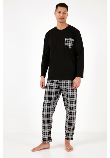 Buratti Ekoseli Cepli Beli Lastikli % 100 Pamuk Regular Fit Erkek Pijama Takımı 6572001 Siyah-Beyaz