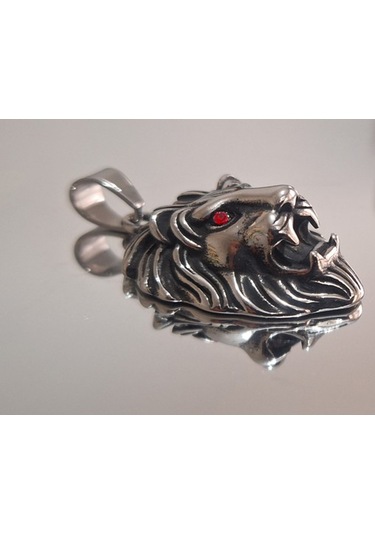 Kırmızı Zirkon Göz Detaylı, Güç Ve Cesaret Sembolü Erkek Aslan Başlı Çelik Kolye /kral Aslan Kolye Metalik Gri