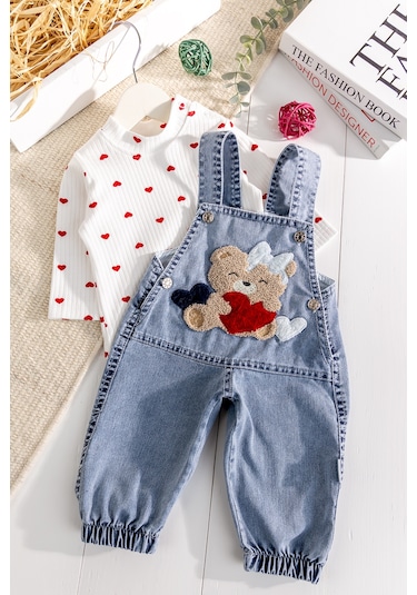 Babymod Ayıcık Figürlü Denim 2'li Kız Bebek Kot Salopet Tulum Mavi