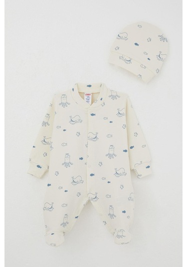 Breeze Erkek Bebek Patikli Tulum Sevimli Deniz Hayvanları Desenli 0-6 Ay, Krem Krem