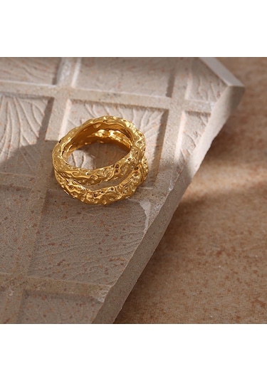 Eetit Paslanmaz Çelik Yuvarlak Yüzükler Kadınlar Için Altın Doku Metal Bildirimi Trendy Takı Hediye Altın