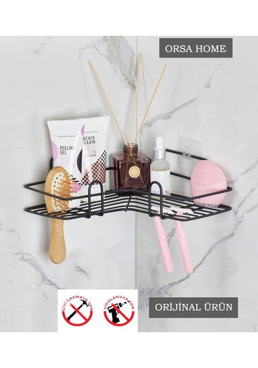 Orsa Home Tekli Geniş L Tasarım Güçlü Magic Yapışkanlı Siyah Banyo Köşe Rafı 997 Siyah
