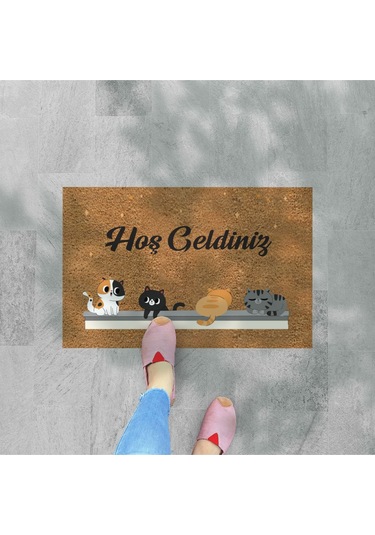 Hoş Geldiniz Yazılır Temalı Kedili Dekoratif Dış Kapı Önü Ve Iç Mekan Paspası Yıkanabilir Toz Alıcı Gold