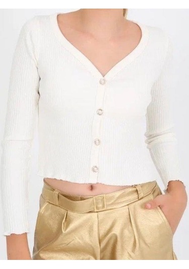 Kız Çocuk Kaşkorse Taşlı Düğmeli Hırka-14807 Ekru