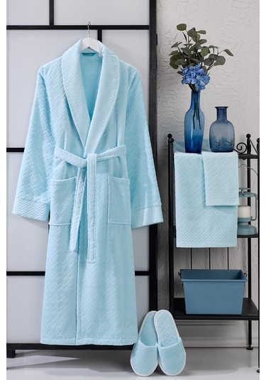 Ansaaj Kadife Jakarlı 4 Parça Bornoz Takımı Turkuaz