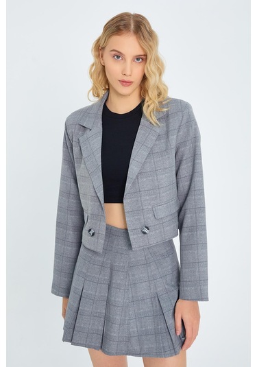 4581 Kadın Ekoseli Crop Ceket Gri Gri