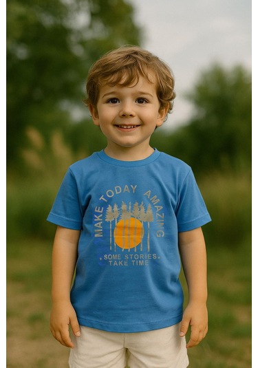 Erkek Çocuk %100 Pamuklu Baskılı Kısa Kollu Tişört - Mavi 3-4 Yaş 8-9 Yaş Mavi