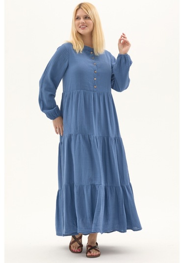 Uzun Kol İndigo Düğmeli Yazlık Uzun Müslin Elbise İndigo