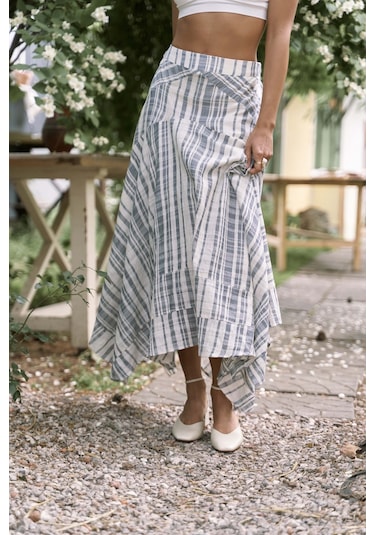 Peigi Çizgili Parçalı İndigo Midi Etek İndigo