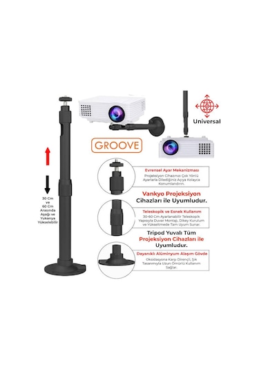 Vankyo Groove 30-60cm Alüminyum Projeksiyon Cihazı Tavan Askı Aparatı Duvar Bağlantı Aparatı Universal Projector Siyah 360 Dönebilen Tripod Yuvalı