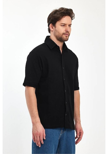 Erkek Önü Düğmeli Rahat Kalıp Nefes Alabilen %100 Pamuk Gömlek Siyah