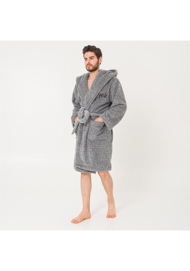 Erkek Uzun Welsoft Kapüşonlu Sabahlık-Gri