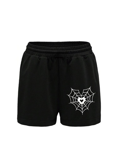 Ağ Penye Şort - Siyah Baskılı Kısa Kordonsuz Siyah