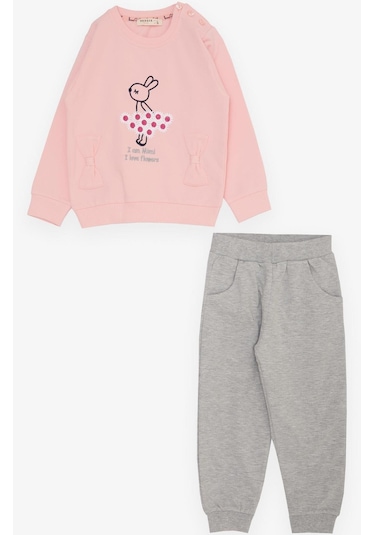 Breeze Kız Çocuk Eşofman Takım Çiçek Temalı Tavşancık Nakışlı 1-4 Yaş, Pembe-pembe Pembe
