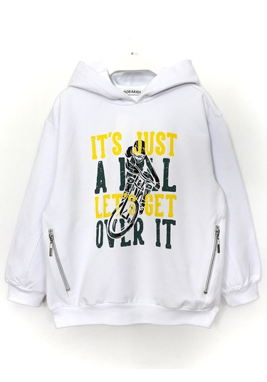 Fermuarlı Cep Detaylı Kapüşonlu Unisex Çocuk Sweatshirt 2016 Beyaz