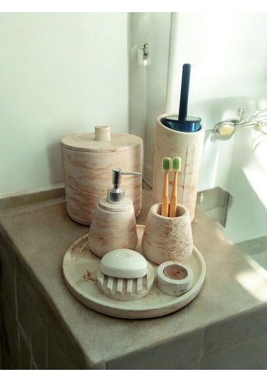 Mermer Desen Bej Beton Banyo Seti,tuvalet Fırçası,çöp Kovası,katı,sıvı Sabunluk,sunum Tepsi,mumluk. Bej