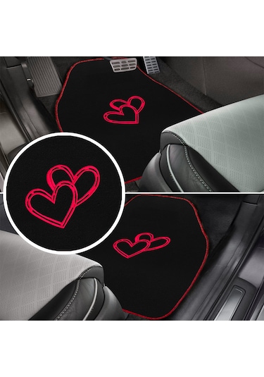 Aşkınızı Aracınıza Taşıyın Kalp Desenli Kırmızı Nakışlı Lüks Oto Paspas Seti & Romantik Şık Tasarım
