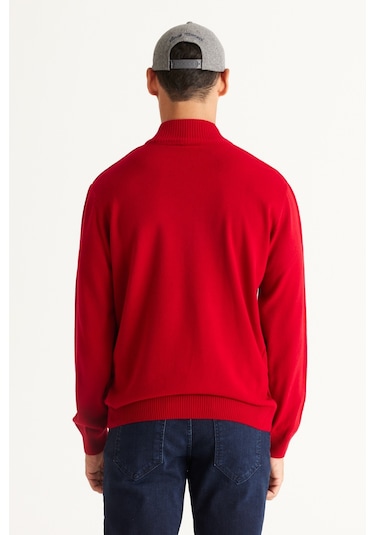 AC&Co / Altınyıldız Classics Erkek Kırmızı Standart Fit Normal Kesim Yarım Balıkçı Yaka Triko Kırmızı