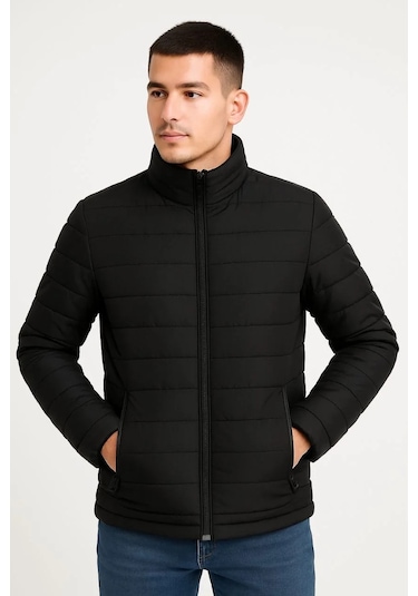 Erkek Bomber Mont Ceket Su İtici Kumaş, Kapitone Astarlı, Fermuarlı, Kışlık - Siyah Siyah