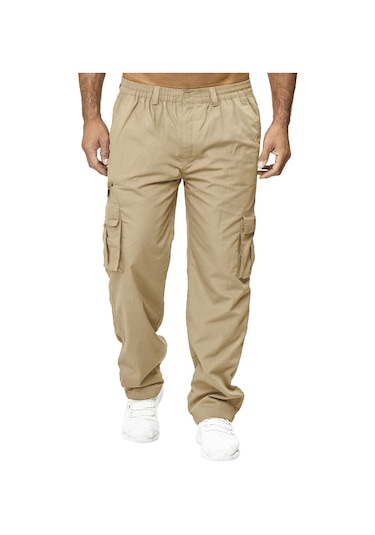 Erkek İlkbahar Ve Sonbahar Düz Paça Düz Renk Kargo Pantolon Günlük Çok Cepli Uzun Pantolon Bol Kesim Açık Hava Fitness Pantolonu Haki