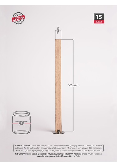 Ahşap Mum Fitili 7 Mm Genişlik Nikel Kaplama Çelik Taban + 3m Köpük Bant, 15 Li Set Cereus Ahşap
