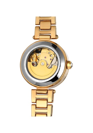 Vkemall Kadınlar İçin Otomatik Mekanik Saat, Gümüş Çelik Kordon, 30m Su Geçirmez, 33mm Taşlı Açık Desenli Siyah-altın Yüz Gold