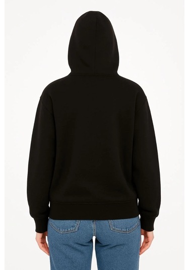 Kadın Oversize Kapüşonlu Sweatshirt Hoodie 3 İplik Şardonlu Pamuklu Kumaş, Önü Baskılı, Fermuarlı R Siyah