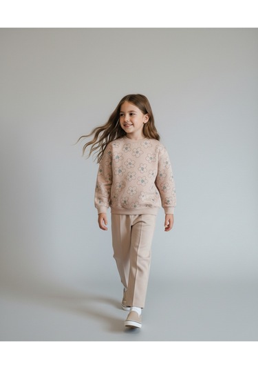 Çiçek Desenli İki İp Kız Çocuk Alt Üst Takım Kahverengi