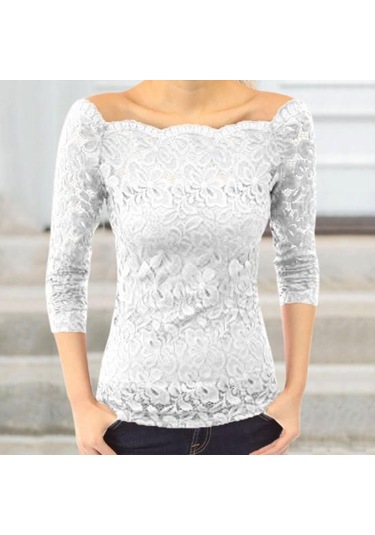 Kadın Üstler Eğik Yaka Uzun Kollu Dantel Gömlek Oyuk Dantel Eklemeli Düz Renk Dar Kesim Nakış Dantel Çiçekli Üstler Siyah
