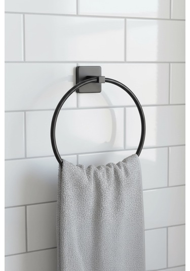 Siyah Yuvarlak Halka Havlu Askılığı Kare Topuzlu, Vidalı Metal Banyo Askısı, Dayanıklı & Şık Siyah