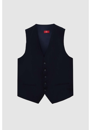 Ds Damat Slim Fit Lacivert Mono Yaka Tek Yırtmaçlı Astarlı Takim Elbise Yelekli 4HFY5ORT01599 Lacivert