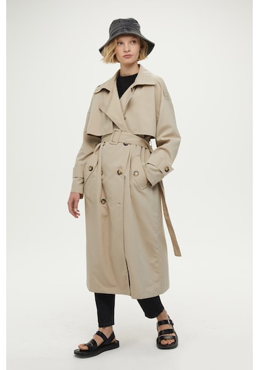 Manuka Düğmeli Kruvaze Trençkot Bej