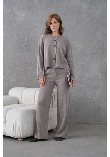 Kadın Bisiklet Yaka Düğme Kapama Kaşkorse Ceket Pantolon İkili Triko Takım K.vizon
