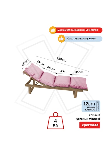 Xpermate Pofuduk Şezlong Minderi 60x180x12cm Su İtici, Pembe
