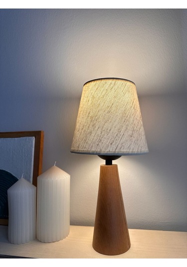 Bohem Ahşap Ayaklı Konik Abajur - Beyaz Beyaz