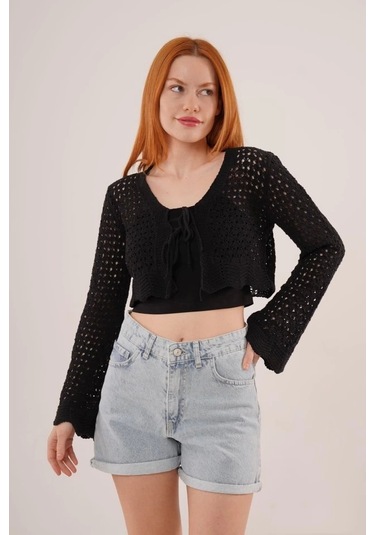 Ön Bağlamalı Ajurlu Crop Siyah Hırka Siyah