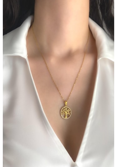 Kadın Çelik Kolye Zirkon Taşlı Yaşam Ağacı Kolye Altın